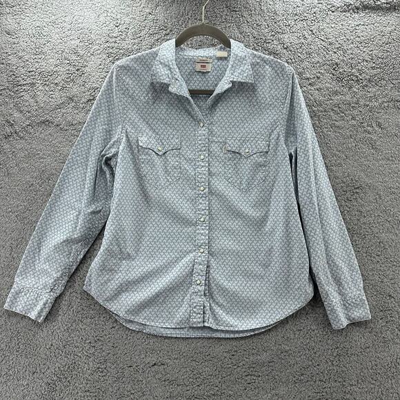 Levi Women's‎ Western Shirt XL Blue with White Heart Pattern Pearl Snaps - Picture 1 of 10